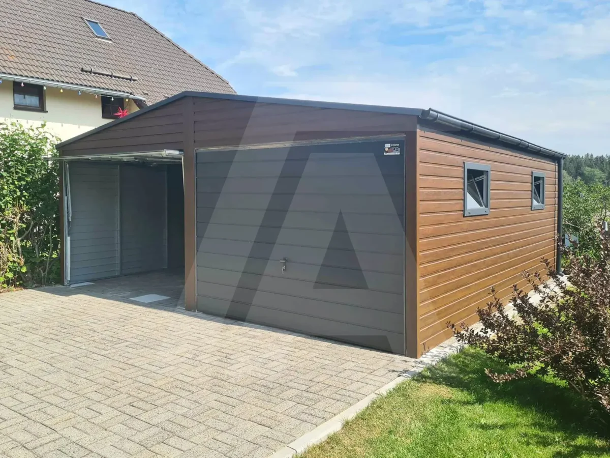 Blechgarage 6 x 6.5 holzähnliche Nussbaumfarbe +Anthrazit Matt