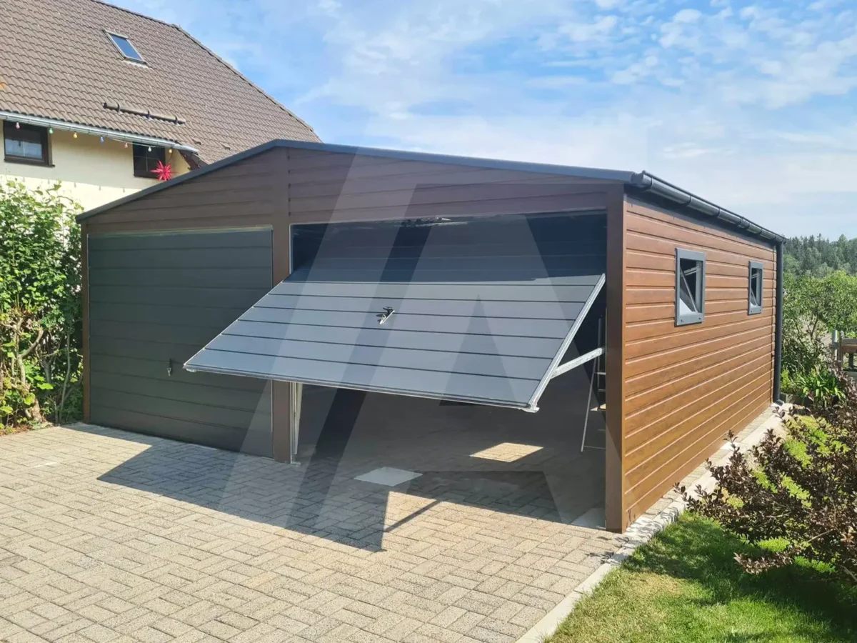 Blechgarage 6 x 6.5 holzähnliche Nussbaumfarbe +Anthrazit Matt