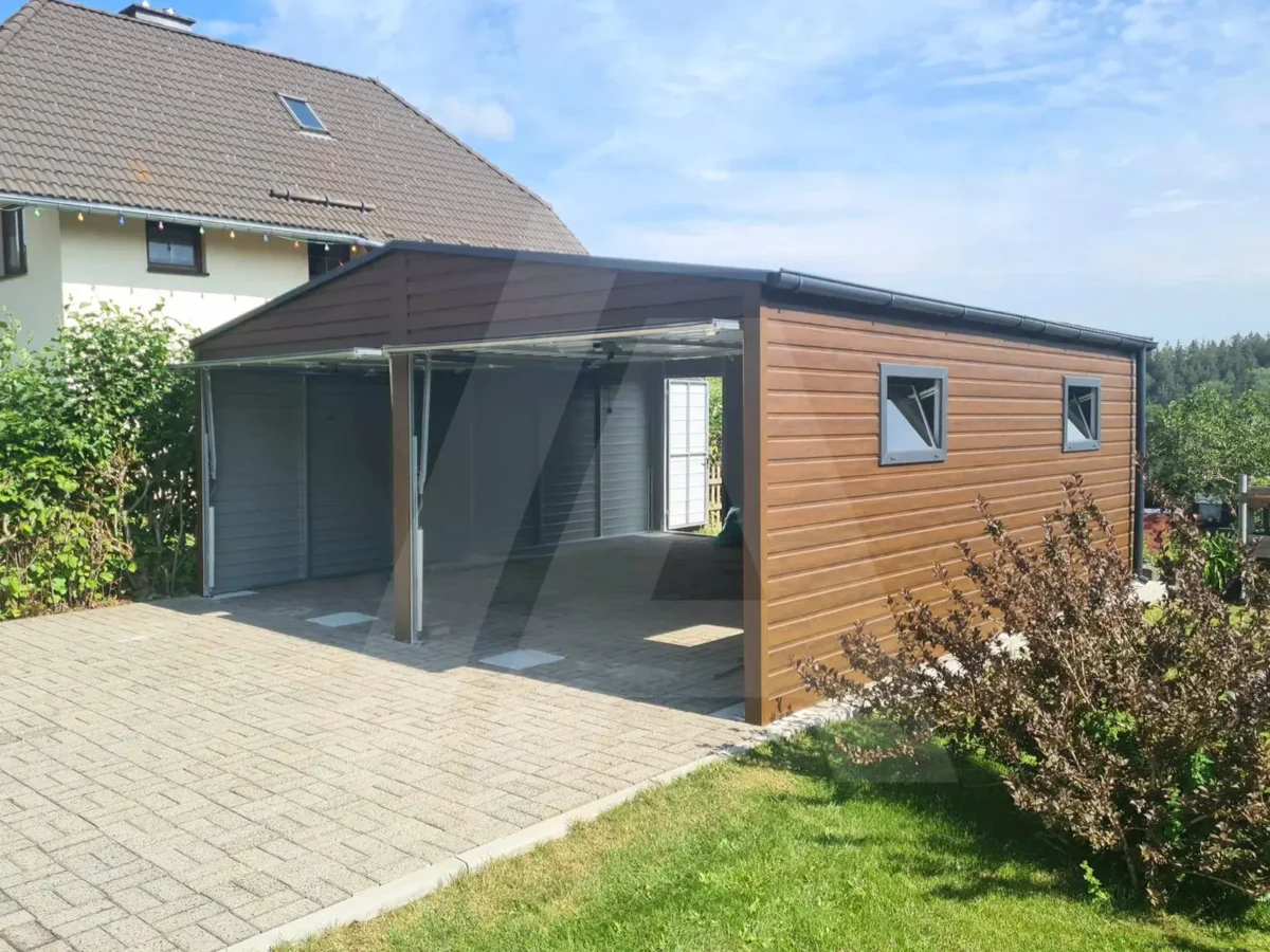 Blechgarage 6 x 6.5 holzähnliche Nussbaumfarbe +Anthrazit Matt