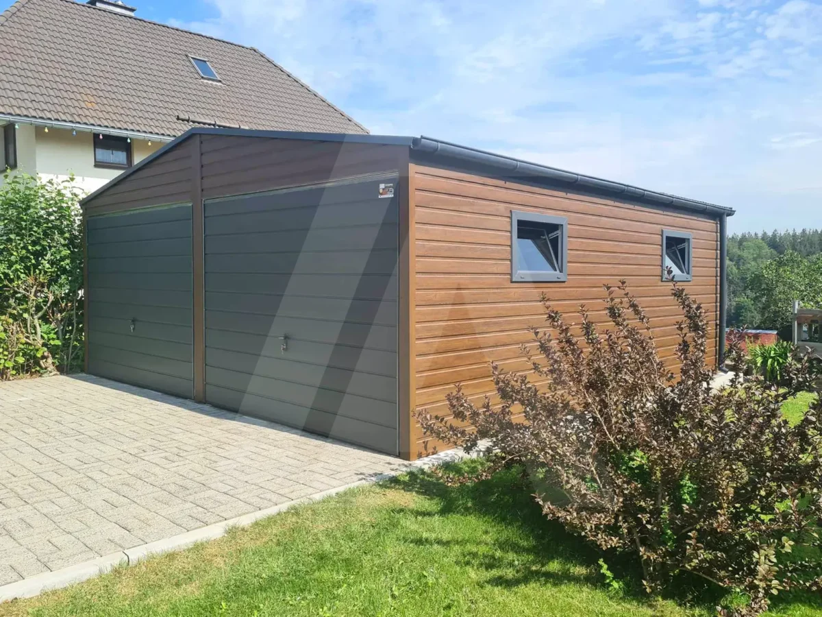 Blechgarage 6 x 6.5 holzähnliche Nussbaumfarbe +Anthrazit Matt