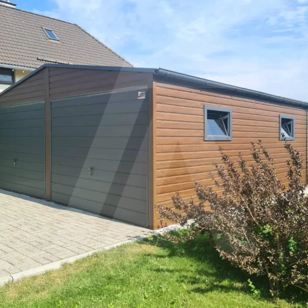 Blechgarage 6 x 6.5 holzähnliche Nussbaumfarbe +Anthrazit Matt
